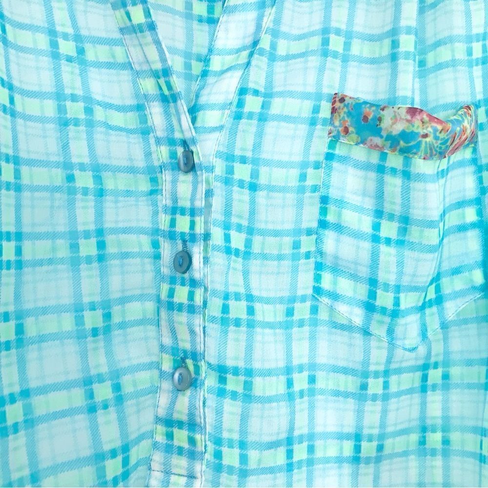 Truth Plaid Floral Teal Semi Sheer Button Down Cottagecore Blouse - Picture 6 of 13